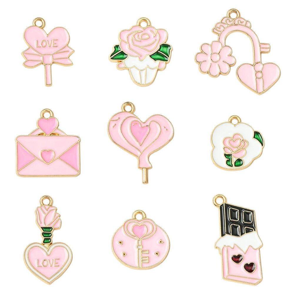 4340 45pcs 9 Styles Pink Love Themed Enamel Charms Metal Heart Rose Letter